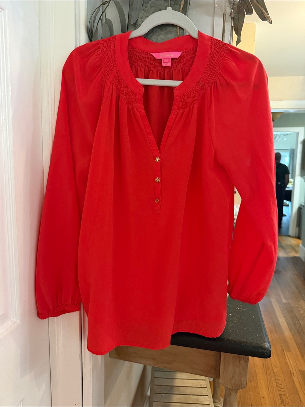 Lilly Pulitzer Red Smocked-Neck Button Front Blouse